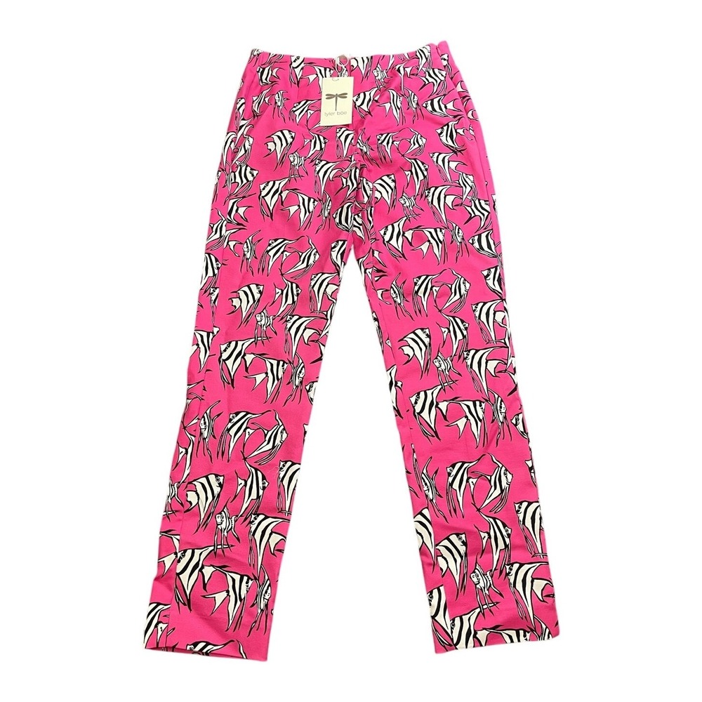 Tyler Boe Fish Print Pants Womens 6 Pink Black White Cotton Stretch 61108P